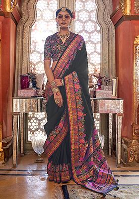 Black Woven Printed Silk Saree Set