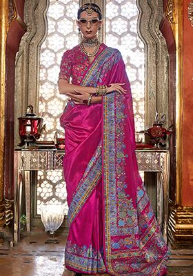 Dark Pink Woven Printed Silk Saree Set