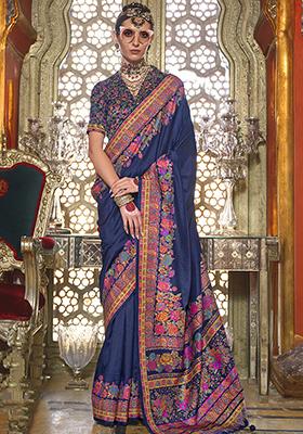 Navy Blue Woven Printed Silk Saree Set