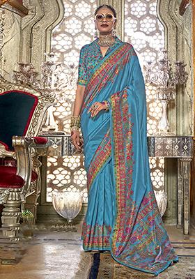 Aqua Blue Woven Printed Silk Saree Set