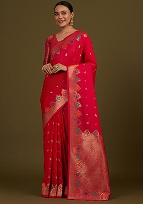 Dark Pink Zari Work Banarasi Silk Saree Set
