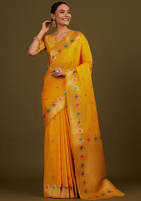 Yellow Zari Work Banarasi Silk Saree Set