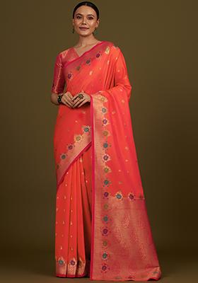 Dark Peach Zari Work Banarasi Silk Saree Set