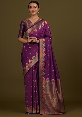 Dark Violet Zari Work Banarasi Silk Saree Set