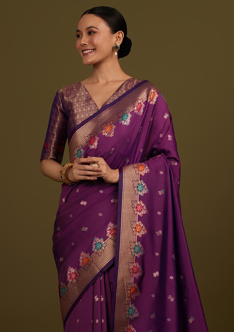 Dark Violet Zari Work Banarasi Silk Saree Set