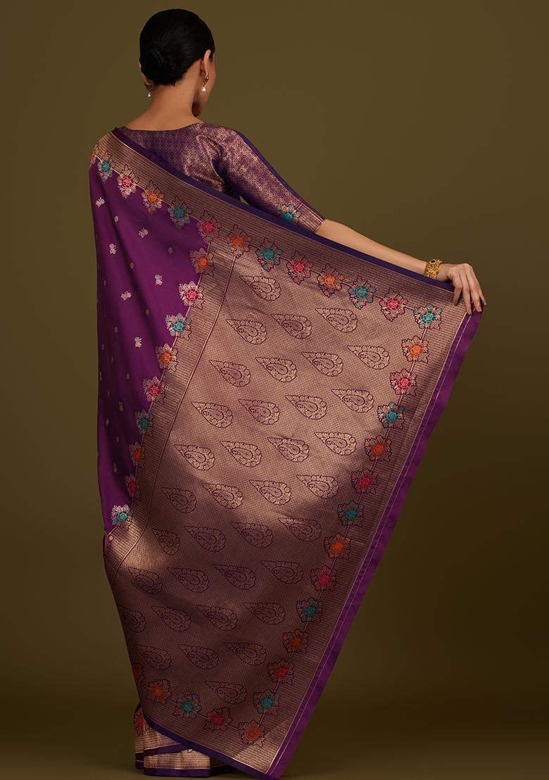 Dark Violet Zari Work Banarasi Silk Saree Set