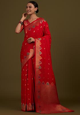 Red Zari Work Banarasi Silk Saree Set
