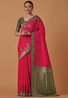 Pink Zari Work Banarasi Silk Saree Set