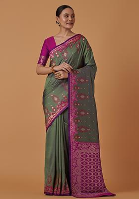 Purple Zari Work Banarasi Silk Saree Set