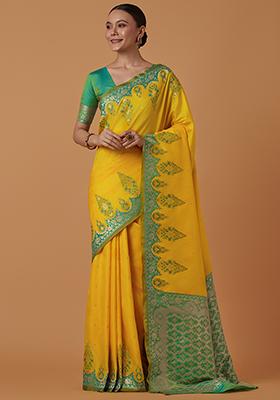 Yellow Zari Work Banarasi Silk Saree Set