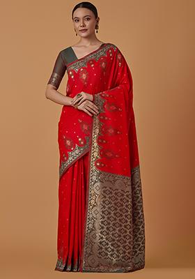 Red Zari Work Banarasi Silk Saree Set