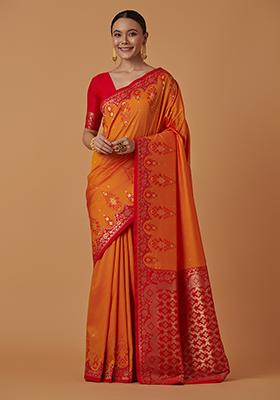 Amber Orange Zari Work Banarasi Silk Saree Set