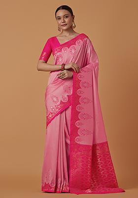 Light Pink Zari Work Banarasi Silk Saree Set