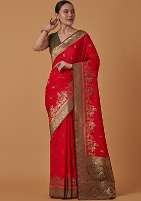 Red Zari Work Banarasi Silk Saree Set