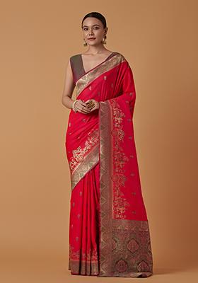 Pink Zari Work Banarasi Silk Saree Set