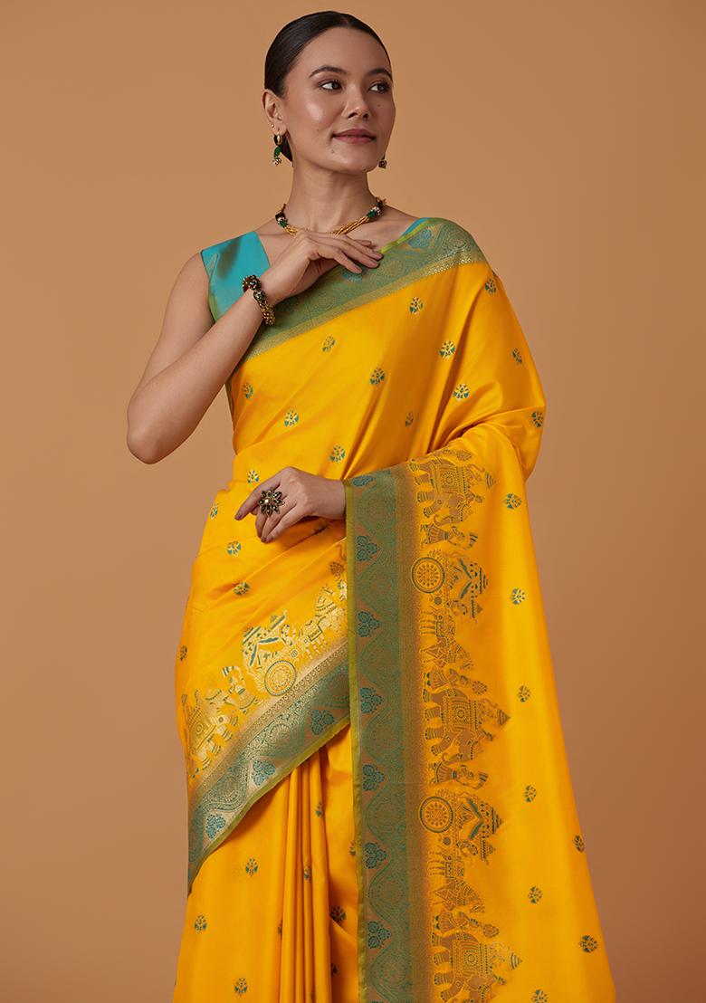 Yellow Zari Work Banarasi Silk Saree Set
