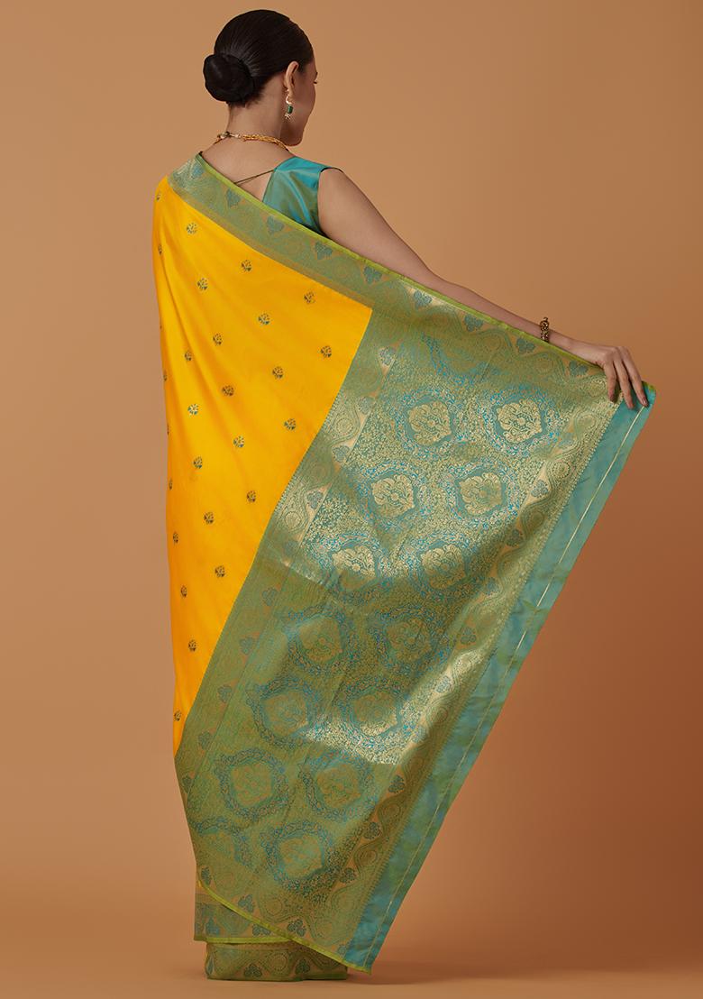 Yellow Zari Work Banarasi Silk Saree Set