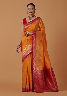 Amber Orange Zari Work Banarasi Silk Saree Set