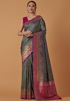 Olive Zari Work Banarasi Silk Saree Set