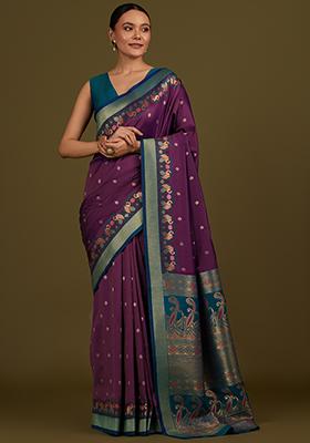 Dark Purple Zari Work Banarasi Silk Saree Set