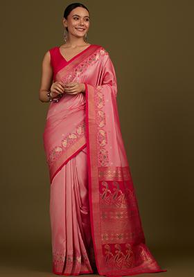 Light Pink Zari Work Banarasi Silk Saree Set
