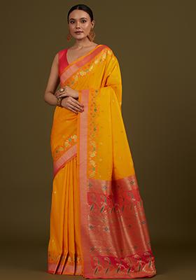 Yellow Zari Work Banarasi Silk Saree Set