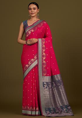 Pink Zari Work Banarasi Silk Saree Set