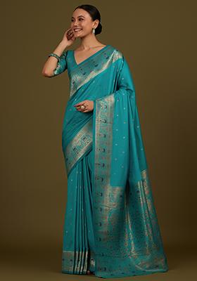 Cyan Zari Work Banarasi Silk Saree Set
