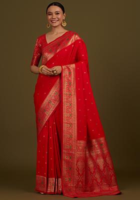 Red Zari Work Banarasi Silk Saree Set
