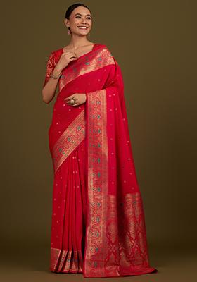 Hot Pink Zari Work Banarasi Silk Saree Set