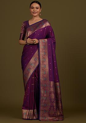 Dark Purple Zari Work Banarasi Silk Saree Set
