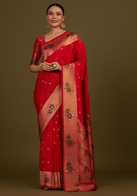 Red Zari Work Banarasi Silk Saree Set