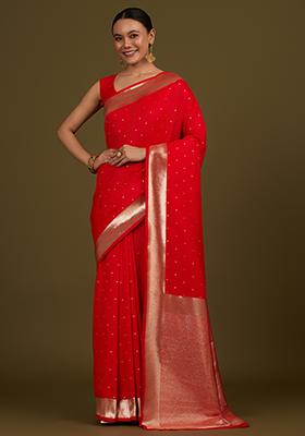 Red Zari Work Banarasi Silk Saree Set