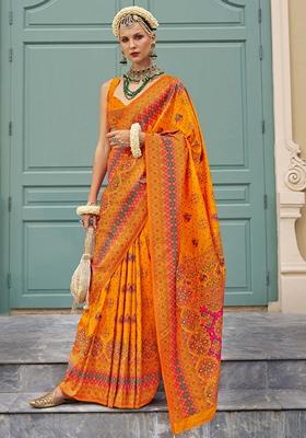 Orange Meenakari Work Banarasi Silk Saree Set