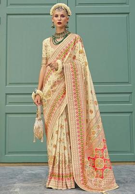Cream Meenakari Work Banarasi Silk Saree Set