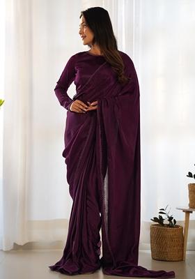 Wine Solid Marble Velvet Pre-Stitched Saree Set