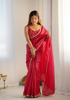 Rani Pink Embroidered Gold Crush Tissue Silk Pre-Stitched Saree Set