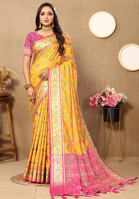 Golden Jacquard Litchi Silk Saree Set