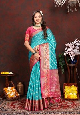 Golden Jacquard Organza Silk Saree Set