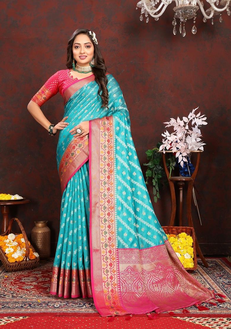 Golden Jacquard Organza Silk Saree Set