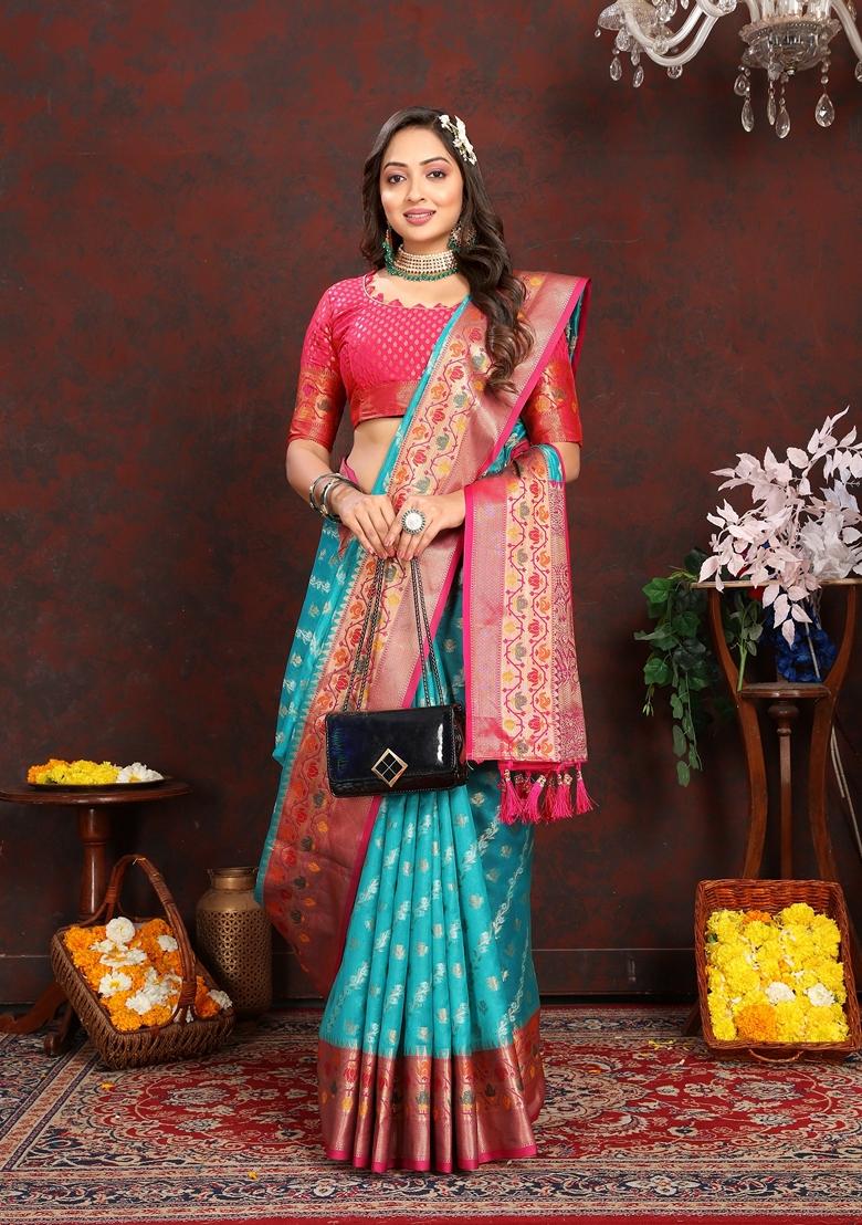 Golden Jacquard Organza Silk Saree Set