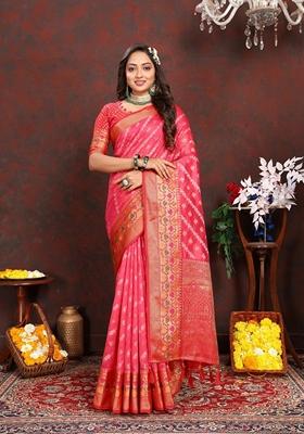 Golden Jacquard Organza Silk Saree Set