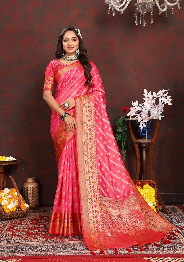 Golden Jacquard Organza Silk Saree Set