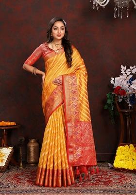 Golden Jacquard Organza Silk Saree Set