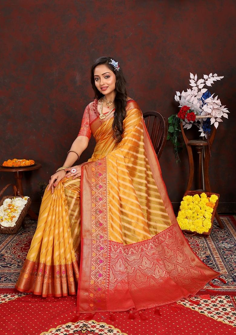 Golden Jacquard Organza Silk Saree Set