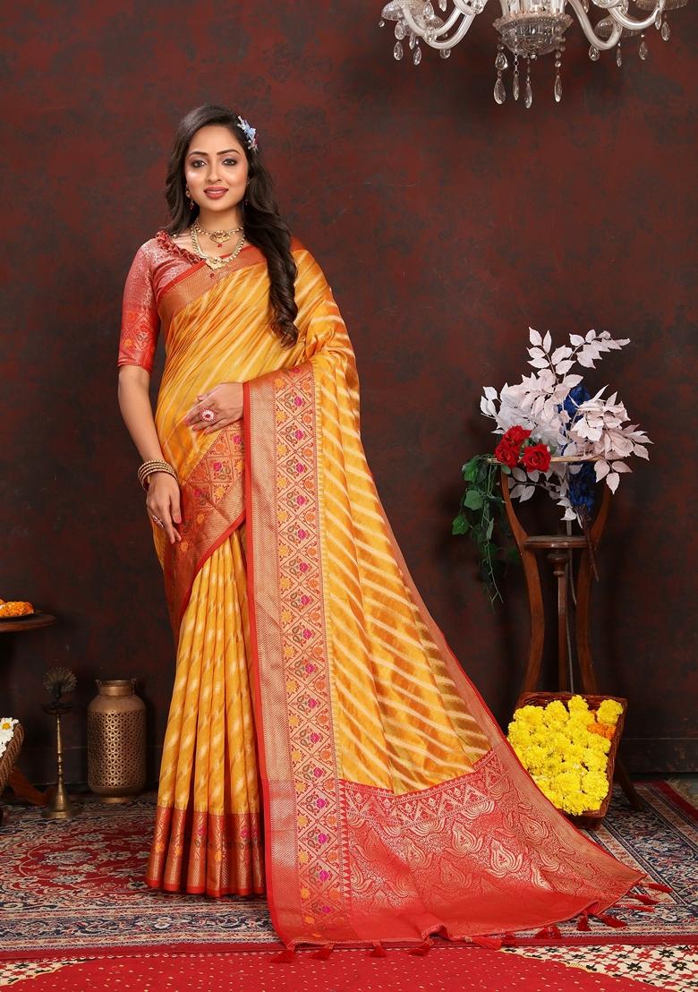Golden Jacquard Organza Silk Saree Set