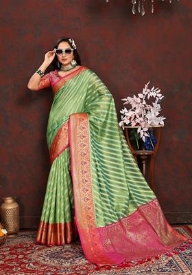 Golden Jacquard Organza Silk Saree Set