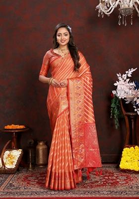 Golden Jacquard Organza Silk Saree Set