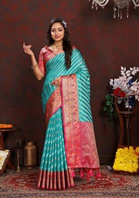 Golden Jacquard Organza Silk Saree Set