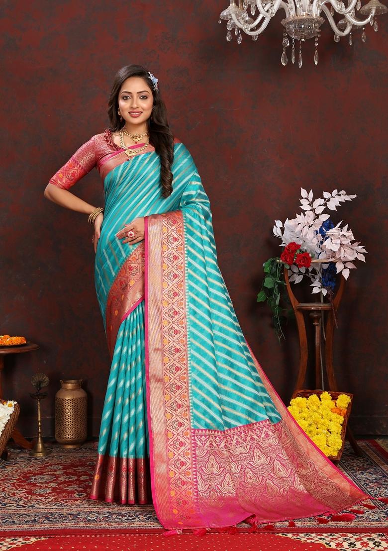 Golden Jacquard Organza Silk Saree Set